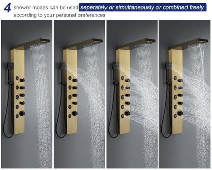 ROVATE 4-in-1 Rainfall Waterfall Shower Panel Tower System, Brushed Gold | Shower Column with Body Massage Jets and Handheld, Stainless Steel High Pressure, Use Multiple Functions Simultaneously - color: Brushed Gold