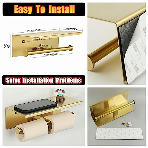 Alise Double Toilet Paper Holder with Shelf,Bathroom Tissue Holder,Gold | SUS304 Stainless Steel Wall Mounted Toilet Paper Roll Holder Storage Dispenser,Self Adhesive or Wall Mount Drilling