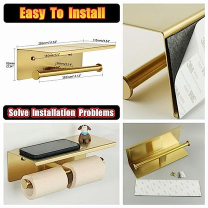 Alise Double Toilet Paper Holder with Shelf,Bathroom Tissue Holder,Gold | SUS304 Stainless Steel Wall Mounted Toilet Paper Roll Holder Storage Dispenser,Self Adhesive or Wall Mount Drilling
