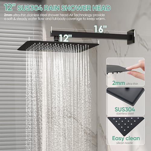 Black Tub Shower System with 12" Rain Head, Handheld & Valve Kit | All-Metal Tub Shower Faucet Set, Wall Mounted Rain Showerhead, Handheld Spray, Includes Valve and Trim Kit, Matte Black - color: Matte Black 12
