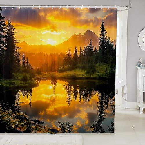 Pine Trees Kids Shower Curtains,Lake River Plant Botanical Rustic Farmhouse Bathroom Curtains for Girls Boys,Sunset Natural View Country Chic Waterproof Curtain,12 Hooks Suits,72" W x 72" L - color: Color 05, size: 72"Wx72" L