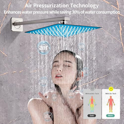 Brushed Nickel Shower Tub Faucet Set, Wall Mounted 10 Inch Shower Heads with Handheld Spray Combo and Tub Shower Faucet, Luxury Bathroom Square Rain Shower System - 4 Hooks - color: Brushed Nickel, style: 10 Inch with Tub Spout