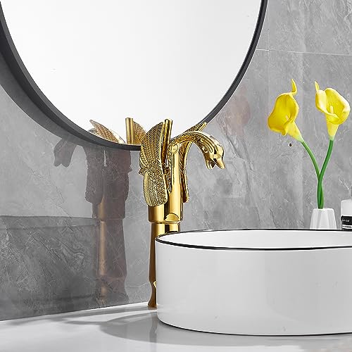 Gold Swan Shape Single Handle One Hole Bathroom Vessel Sink Faucet Deck Mount Lavatory Sink Faucet - color: Gold, size: Tall