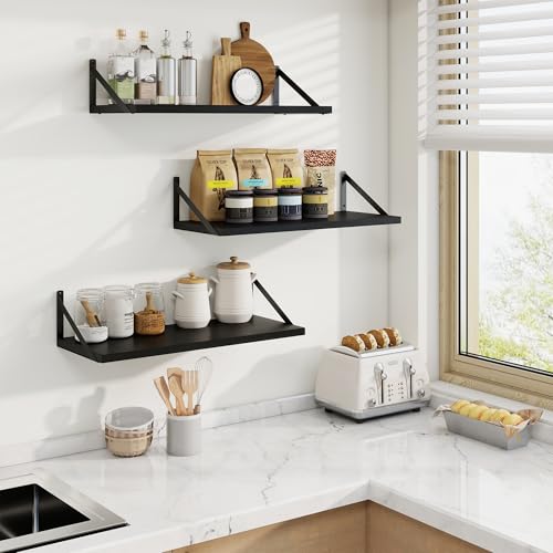 Deep Floating Shelves, 24'' x 10'' Black Wall Shelves Set of 2 | 10 Inch Deep Shelves with Heavy Duty Brackets, Rustic Wood Shelves for Bathroom Living Room, Engineered Wood, 40LBS - color: Black, size: 24W x 10D