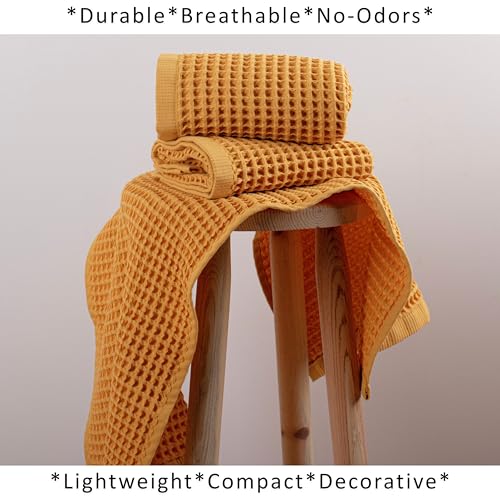 PÜSKÜL Natural 100% Turkish Cotton Waffle Kitchen and Hand Towels, 3-Piece | Mustard Yellow 32x16" Large Premium 3D Honeycomb Weave Soft Absorbent Quick-Dry Lint-Free Dish Towel, Oeko-Tex Made in Turkey - color: Mustrad Yellow, size: Kitchen & Hand Towels