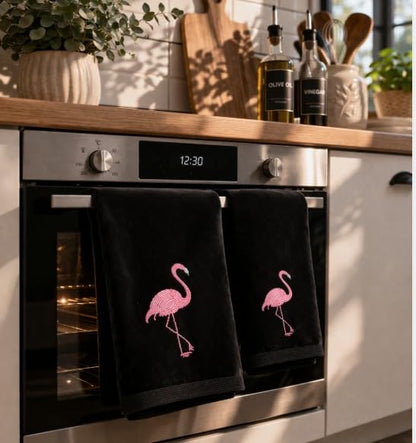 3-Pack Flamingo Fingertip Kitchen Towels, Deluxe Premium Terry Velour Hand Towels, 100% Cotton, Quick Drying and Highly Absorbent, Ultra Soft Bath Towels Set (Black) - color: Flamingo Black