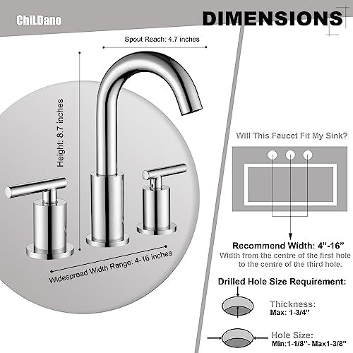 ChiLDano 8 in Widespread 2 Handle Chrome Bathroom Faucet for Sink 3 Hole | Polished Chrome Vanity Faucet for Bathroom Sink 3 Hole with Pop Up Drain and Supply Hose, Wide Spread Sink Faucet - color: Chrome