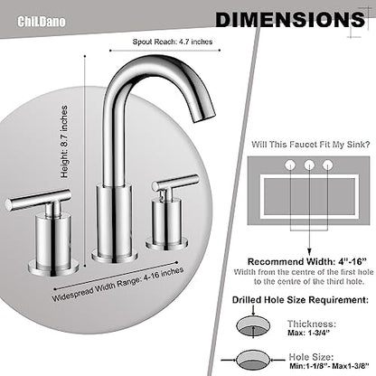 ChiLDano 8 in Widespread 2 Handle Chrome Bathroom Faucet for Sink 3 Hole | Polished Chrome Vanity Faucet for Bathroom Sink 3 Hole with Pop Up Drain and Supply Hose, Wide Spread Sink Faucet - color: Chrome