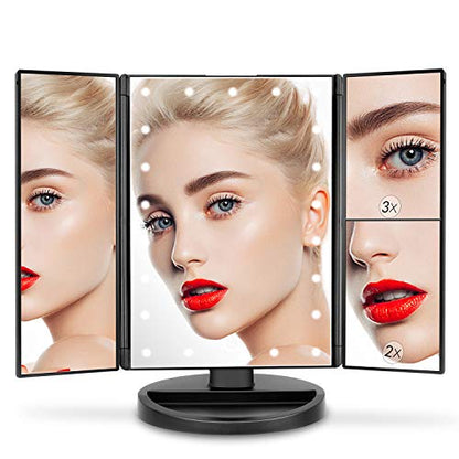 Tabletop Mount Trifold Lighted Vanity Mirror with 21 LED Lights, Touch Screen and 3X/2X/1X Magnification, Two Power Supply Mode Make up Mirror,Travel Mirror - color: Black