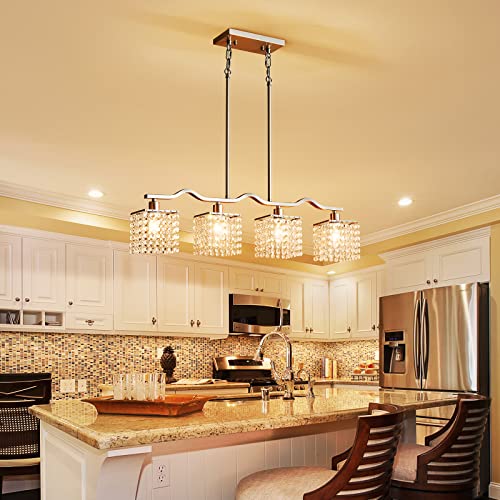 WUZUPS Crystal Chandelier 4-Light Linear Raindrop Pendant Ceiling Light Modern Lighting Fixture for Bedroom Dinning Room Bar Kitchen Island, H8.7'' W4.7'' L30.5, E12 Base, Nickel - color: Nickel Pendant Light