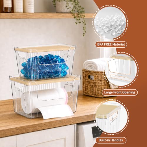 VOOWO Trash Bag Holder, 2 Pack Clear Trash Bag Dispenser with Plastic Lid | Stackable Trash Bag Organizer Fit 13/30 Gallon Bags, Clear Organizer Bins Under Sink for Pantry Kitchen Laundry Room Cabinet