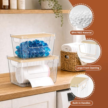 VOOWO Trash Bag Holder, 2 Pack Clear Trash Bag Dispenser with Plastic Lid | Stackable Trash Bag Organizer Fit 13/30 Gallon Bags, Clear Organizer Bins Under Sink for Pantry Kitchen Laundry Room Cabinet
