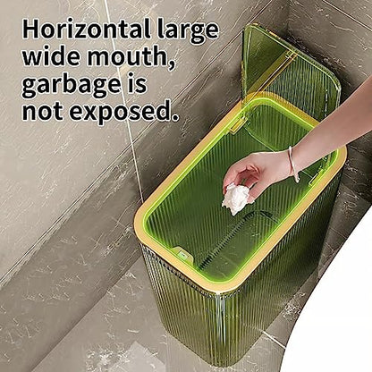 Bathroom Trash Cans with Lids, 2.6 Gallon (Green) | Garbage Can for Bedroom, Office, Plastic Slim Waste Basket with Press Top Lid, 10L Clear Trash Bin for Home, Kitchen - color: Green, style: Top and Bottom Opening