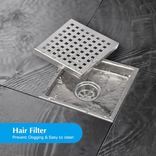 Square Shower Drain Silver Brushed 6 in with Removable Grid Panel | AISI 304 Stainless Steel Shower Floor Drain with Detachable Hair Catcher Flange Lifting Hook Fits Bathroom Balcony Kitchen - color: Stainless Steel, size: 6 inch+Base
