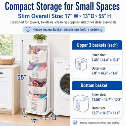 Japard Rolling Laundry Hamper Ultra Slim 22.9 Gal, 4 Sorter Vertical Stackable Baskets with Wheels for Small Space, Dorm, Closet, Bathroom, Easy Assembly White Gray - size: 4 Tier