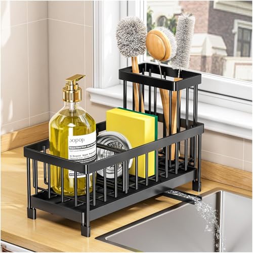Black Sponge Holder for Kitchen Sink, Sink Caddy with Brush Holder Self-draining Sponge, Sturdy Rustproof Stainless Steel Kitchen Countertop Organizer for Soap Dispenser - style: Style 1