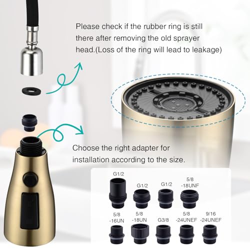 Metal Kitchen Faucet Head Replacement, 3 Functions Kitchen Faucet Head High Pressure, Brushed Gold Pull Down Kitchen Sink Sprayer Replacement with 9 Adapters Compatible with Most Faucets - color: ‎Brushed Gold