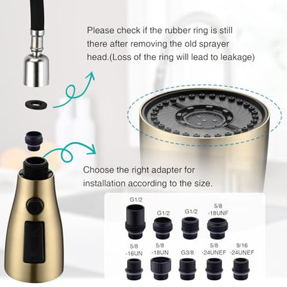Metal Kitchen Faucet Head Replacement, 3 Functions Kitchen Faucet Head High Pressure, Brushed Gold Pull Down Kitchen Sink Sprayer Replacement with 9 Adapters Compatible with Most Faucets - color: ‎Brushed Gold