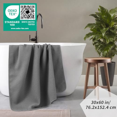 POLYTE 380 GSM Poly Blend Microfiber Quick Dry Waffle Bath Towel, 30x60 in | 2 Pack, Oversize, Lint Free, Body Towel - color: Gray