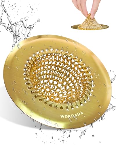 Kitchen Sink Drain Strainer,Patented Reversible Chain Mesh Basket, Gold | Kitchen Sink Accessories,Easy Clean,Fast Drainage,304 Stainless Steel Rust-Proof，4.4" Large Capacity Food Catcher,Anti-Clog - color: Yellow