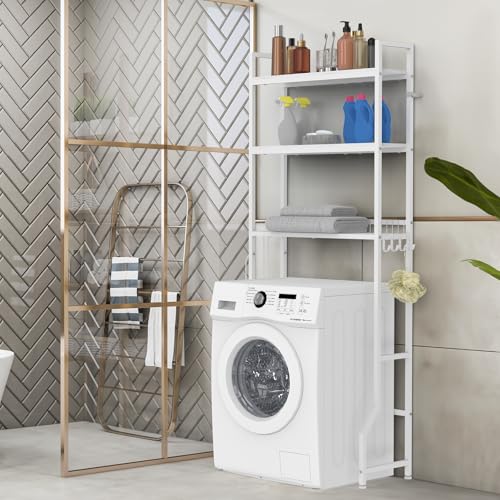 Over Toilet Bathroom Organizer with Toilet Paper Holder | White Over the Toilet Shelf, Over the Toilet Storage Cabinet, Heavy Duty Metal 3 Tier Bathroom Organizer Shelf with 3 Hooks - color: White