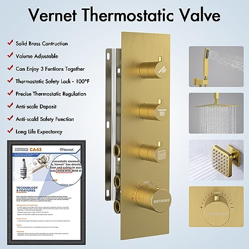Shower Faucet Set Brushed Gold,Thermostatic Shower System with Body Jets,16 inch Ceiling Rainfall Faucet Set with with 6 PCS Dual Modes Body Jets(3 Inch) Can All Run Together - color: Gold, size: 16"-1