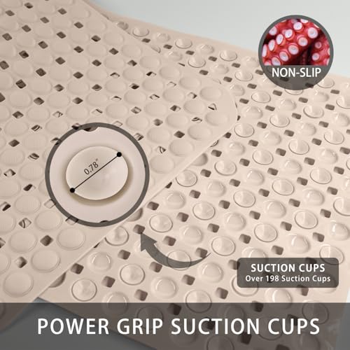 Extra Large Non-Slip Bathtub Mat, 36x17” TPR Shower Mat with 198+ Suction Cups, Bath Mat for Elderly/Kids, Machine Washable & Fast Drainage, Foot Massage Design (Khaki, Extra Large) - color: Khaki