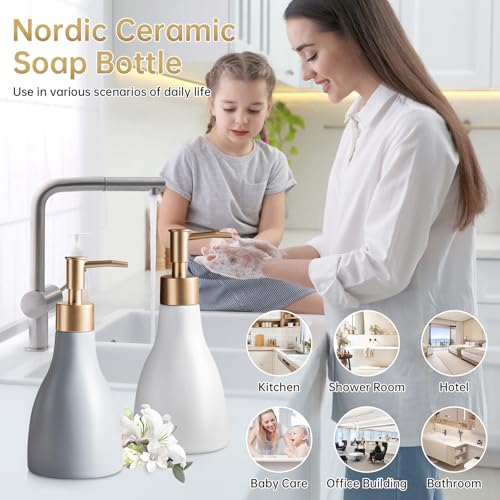 Refillable Gold Dispenser for Bathroom Countertop, Modern Dish Soap Dispenser Bottle for Kitchen Soap Pump Lotion, Ceramic Hand Soap Dispenser with Gold Pump (Khaki) - color: Khaki