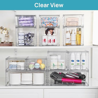 Vtopmart Clear Stackable Storage Drawers, 7 Pack Multi Size Set | Wide, Medium and Small Pull-Out PET Drawers for Flexible Organization, Stackable Storage for Cabinets, Closets, Pantry - style: 1 Wide+2 Medium+4 Small