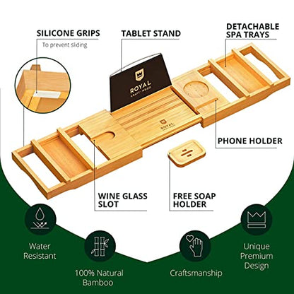 Bamboo Bathtub Caddy Tray Expandable for Luxury Bath, Bathtub Tray with Wine Glass Holder, Phone Stand and Book Holder, Adjustable Bath Tub Organizer Tray for Bathroom
