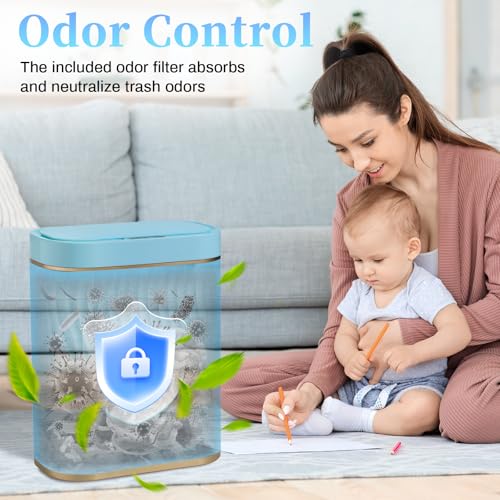 Ogikey Bathroom Small Trash Can with Automatic Touchless Lid, 2.6 Gallon Smart Garbage Can Narrow Waterproof Trash Bin for Bedroom, Office, Living Room - color: 2.6 gallon-Sky blue