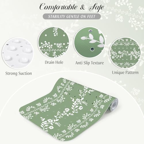 SHUCHING Green Bath Mat for Tub Non Slip-40x16 Inch, Flower | Bathtub Mat for Women & Elderly Mold Free, Long Shower Mat for Inside Shower with Suction Cup, Machine Washable - color: Green