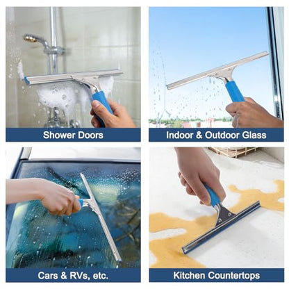 Professional Squeegee for Window Cleaning, 18” Window Squeegee for Shower Glass Door, Stainless Steel Rubber Squeegee Includes 12” Replacement Blades