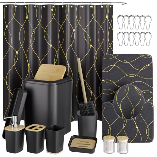 XLHOMO Black and Gold Bathroom Accessories Set - 24PCS with Shower Curtain, Rugs, and Waterproof Curtain Set - size: Bath Set+Shower Curtain+Bath Rugs, style: Black5