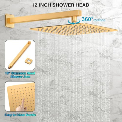FPXRNG Shower Faucet Set Rainfall Shower System with Square Shower Head and Handle Set Rough-in Valve and Metal Trim Kit Included Paint Gold 12 Inch Wall Mounted Shower Fixtures - color: Paint Gold, size: 12 Inch Wall Mount Shower Head