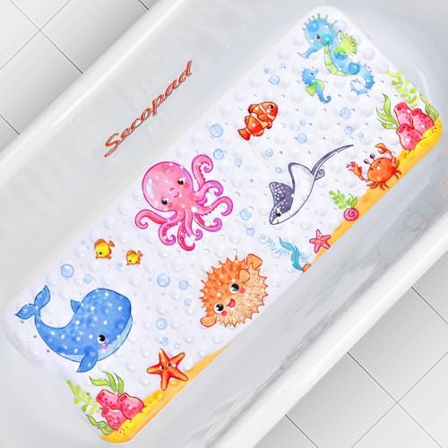 Secopad Bathtub Mat Non Slip, Cute Bath Tub Mat, 40" x 16", Pink Octopus | Rectangular, Anti-Slip, Machine Washable, with Drain Holes and Suction Cups,For Bathtub and Shower Floor, for Toddler & Kids - color: Pink Octopus, size: 40" x 16" (Rectangular)