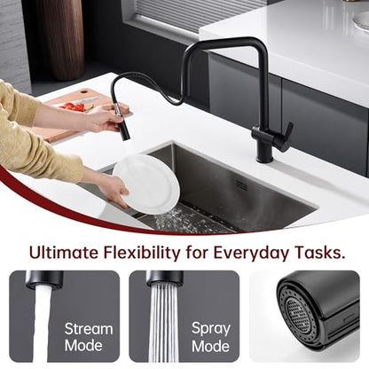 SUMERAIN Matte Black Kitchen Faucet with Pull Down Sprayer | Single Hole, SUS304 Stainless Steel, Single Handle, Modern, 360° Swivel Spout, Easy Installation - color: Matte Black