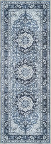 Bloom Rugs Caria Washable Non-Slip 10 ft Runner - Blue Traditional Runner for Entryway, Hallway, Bathroom, and Kitchen - Exact Size: 2'6" x 10' - color: Blue, size: 2'6" x 10' (Runner)