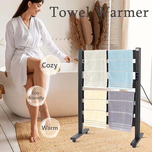 Towel Warmer for Bathroom, 6-Bar, Upgraded Extra-Wide Heating Area, Built-in Timer and Temperature Adjustment, Overheating Protection. Large Free-Standing Heated Towel Rack，Matte Black