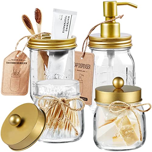 Amolliar Mason Jar Bathroom Accessories Set, 4 Pcs Glass Bathroom Set, Gold | Lotion Soap Dispenser, 2 Cotton Swab Holder, Toothbrush Holder, Farmhouse Rustic Bathroom Decor, Countertop Vanity Organizer - size: Gold, style: Standard-mouth