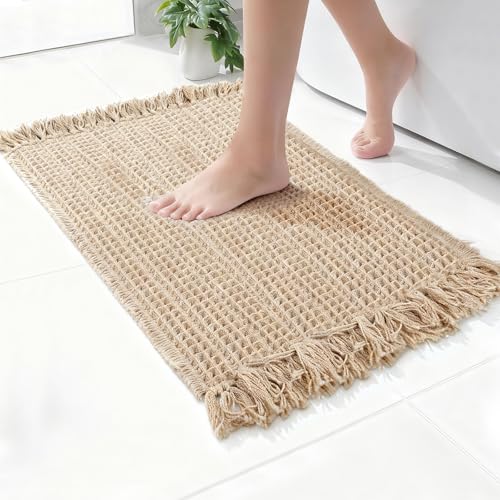 Waffle Bath Mat, Super Absorbent Waffle Bathroom Rug with Tassels, Non Slip Bath Mats for Bathroom Floor, Ultra Soft Boho Bath Mat, Quick Dry Shower Mat, Machine Washable, 24"×36", Khaki - size: 24"×36"