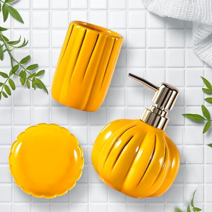 Fall Bathroom Accessories Set of 3, Thanksgiving Pumpkin Bathroom Decor, Ceramic Bathroom Sets Complete -Toothbrush Holders, Soap Dispenser, Soap Dish, Bathroom Organizer for Countertop - size: Pumpkin-Yellow