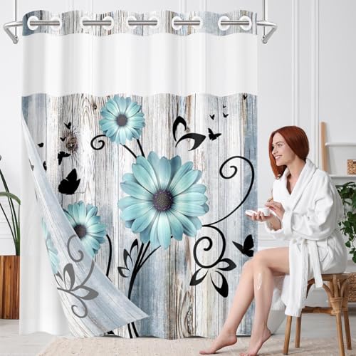 No Hook Shower Curtain with Snap in Liner 71x86 Inch Flower Teal | Rustic Daisy Farmhouse Modern Double Layers Waterproof Fabric with See Through Top Window Open Grommet Bath Curtain - color: Teal Floral, size: 71"W x 86"L (Pack of 1)