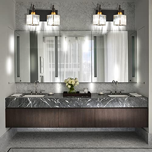 Modern Crystal Bathroom Vanity Light 2-Lights Black and Gold Bathroom Light Fixtures Over Mirror Bath Wall Sconce Lighting with Adjustment Angle - color: Black Gold-Square Shade, size: 2-Light