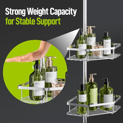 LAMU Corner Shower Caddy Tension Pole, 4-Tier Stainless Steel Organizer | Fits 38-124in Heights, Shower Shelves with No Drilling & Strong Spring Tension, Holds Up to 26lbs, Bathroom, Bathtub, Dorm