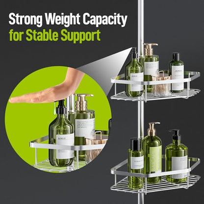 LAMU Corner Shower Caddy Tension Pole, 4-Tier Stainless Steel Organizer | Fits 38-124in Heights, Shower Shelves with No Drilling & Strong Spring Tension, Holds Up to 26lbs, Bathroom, Bathtub, Dorm