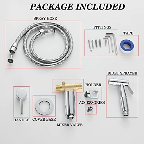 Chrome Handheld Bidet Sprayer for Toilet Warm Water, Stainless Steel | Polished Silver Bidet Hand Held Sprayer with Brass Hot and Cold Mixing Valve, 47 inches anti-leaking bidet shower hose - color: Chrome