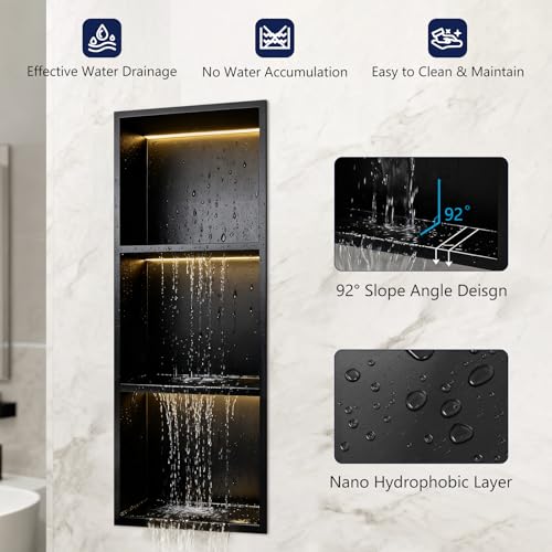 LED Shower Niche 12 X 36 Shower Niche No Tile Needed | 304 Stainless Steel Shower Niche with 3000K Warm Light, IP65 Waterproof Bathroom Niche for Shower, Remote Control, Seamless - color: Matte Black-warm White, size: 12" X 36"