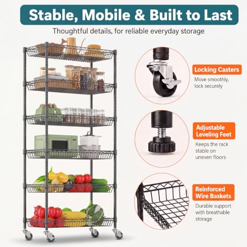 Himimi 6 Tier Rolling Storage Cart, Metal Wire Basket Rack with Wheels, Adjustable Storage Shelves Organizer Shelf for Kitchen Pantry Garage Laundry Room Bathroom, 30" W X 13.5" D X 63" H, Black - size: 30"W X 13.5"D X 63"H