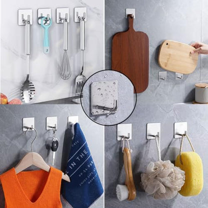 Adhesive Towel Hooks, 8 Pack Self Adhesive Coat Sticky Hooks for Hanging, Stainless Steel Stick on Wall Hat Hook, Bathrooms Kitchen Livingroom Garage, Silver